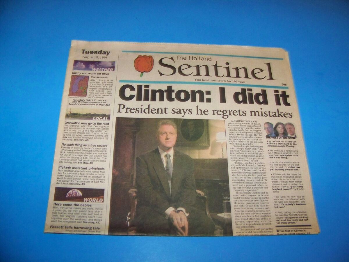 The Holland Sentinel August 18, 1998 and#034;Clinton I Did Itand#034; Holland, Michigan Paper eBay