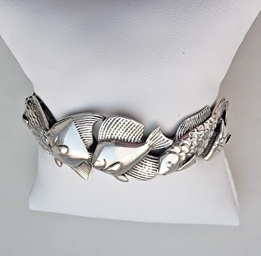 PULSERA BRAZALETE KABANA VINTAGE PLATA ESTERLINA 925 VIDA MARINA PECES Foto 4 de 4