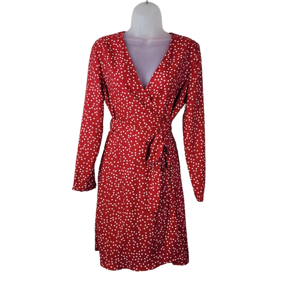 Vestido Banana Republic Talla 2 Rojo Polkadot Midi Clásico Corbata Cintura Profesión Foto 2 de 4