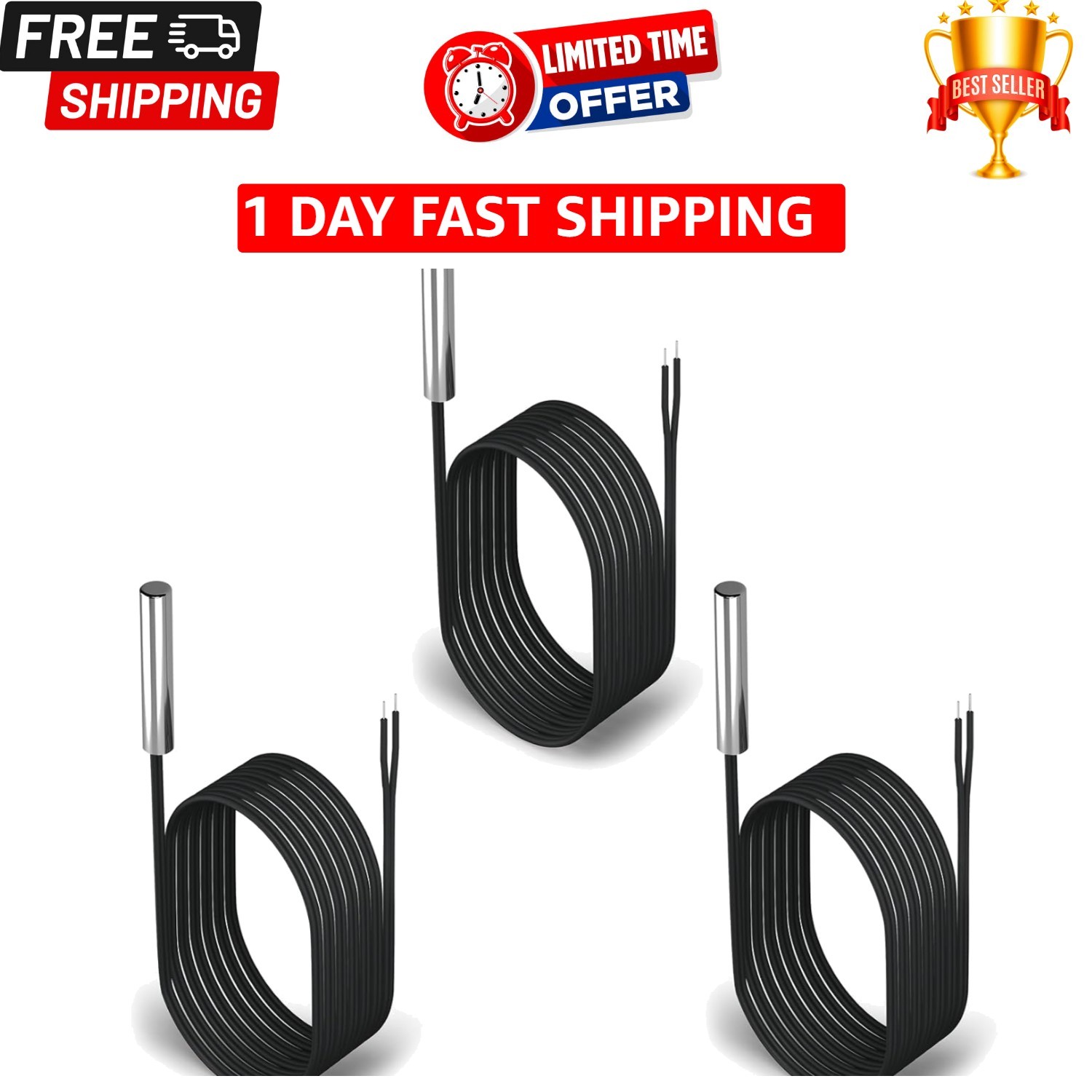 DROK 10K Temperature Sensor Probe 3Pcs, 1 Meter Waterproof Temp Sensor Probe