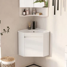 Corner Bathroom Vanity Sink Wall Mounted Combo for Small Space White Ceramic Top