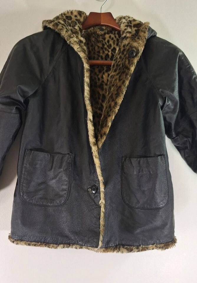 Abrigo WILSONS CUERO Niñas L Reversible Estampado Leopardo Imitación Piel Forrado Invierno Y2K Foto 3 de 4