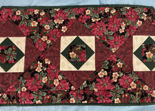 Vintage Handmade Quilted Christmas Table Runner Dark Red Poinsettia Ornaments