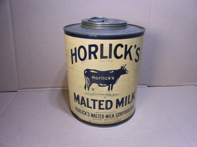 Large Antique Horlicks Malted Milk Tin Cow Graphics Country Store 10lbs