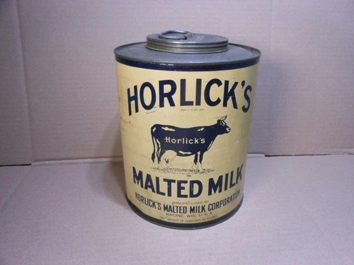 Large Antique Horlicks Malted Milk Tin Cow Graphics Country Store 10lbs