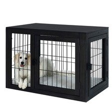 Heavy Duty Dog Crate Acacia Wood Kennel Medium Dogs Cage Furniture, Black