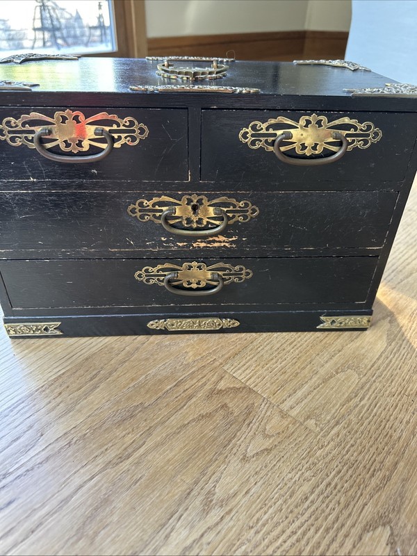 4-Drawer Chinese Style Jewelry Box/Chest 8"d x 10"h x 15"w Blue Velvet Lined