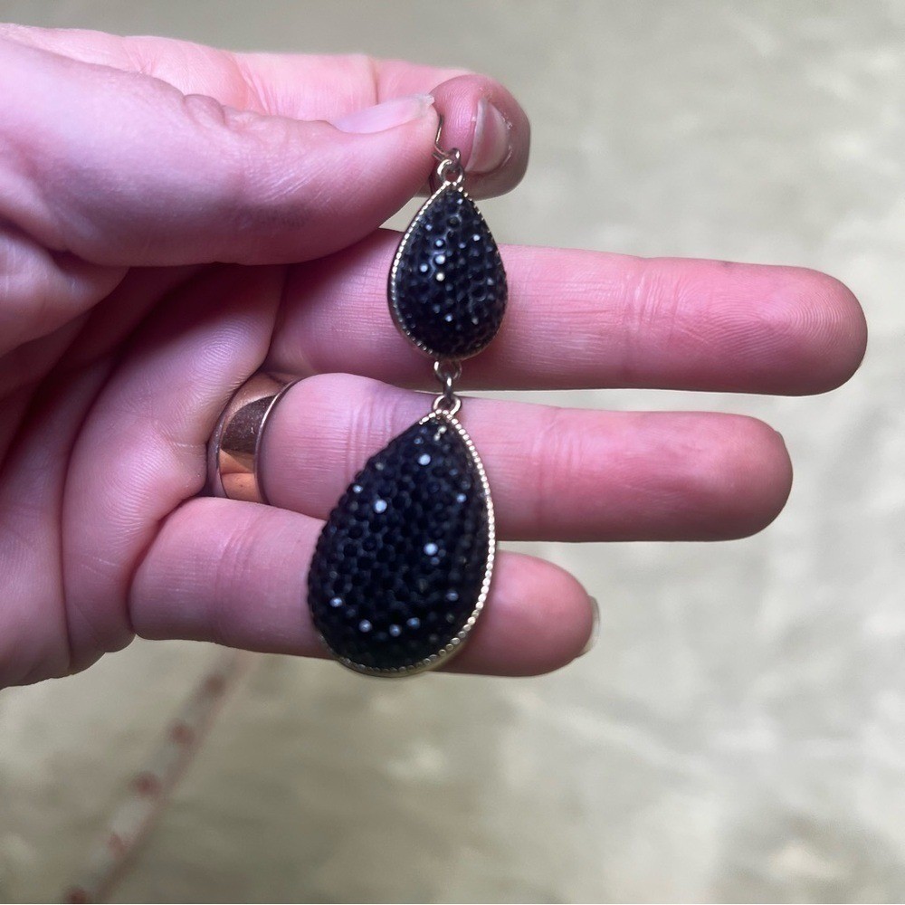 Black crystal statement 3" hook drop earrings - image 2