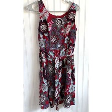 Talbots Petites Womens 2P Red Floral Cotton Swing Dress Beachy Lined Sleeveless