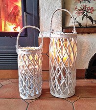 ❀ 2er-Set Laterne Weiß 40cm + 31cm Weide Holz Windlicht Glas Kerzenhalter Garten