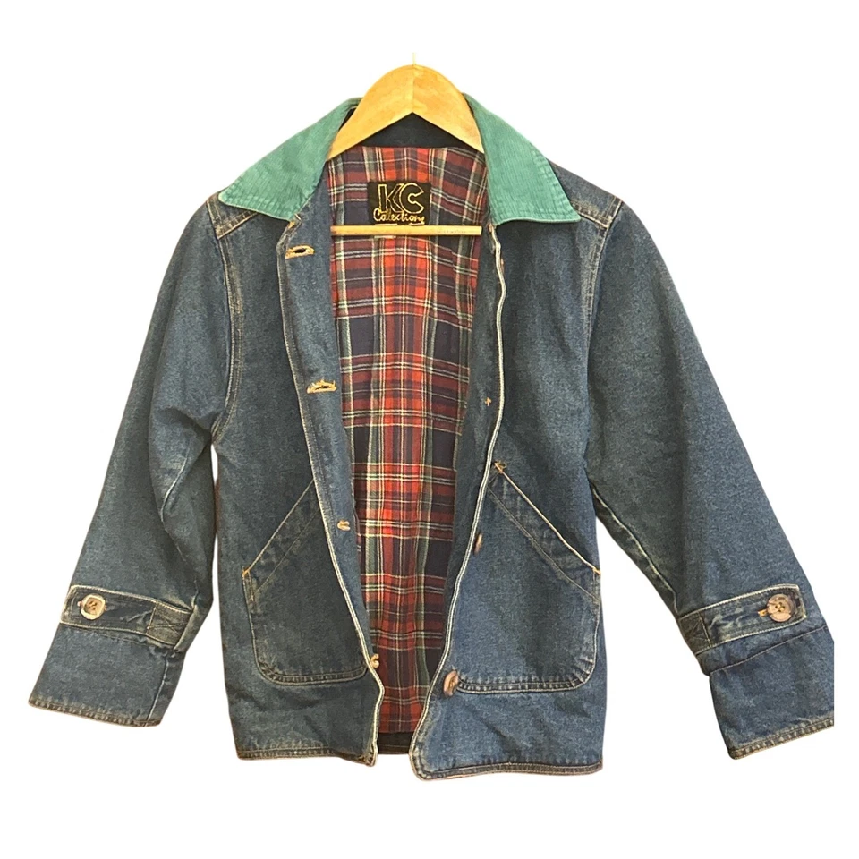 Vintage KC Collection Denim Chore Jacket Corduroy Collar Plaid Lined Preppy - Image 3 of 4