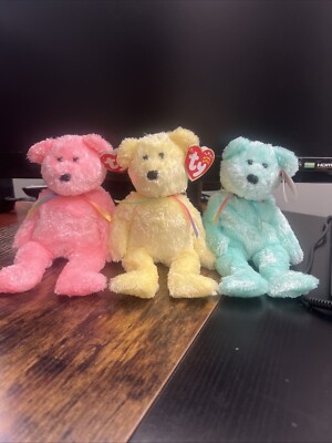 Ty Beanie Babies Sherbet Set Of 3 Bears Pink Yellow Blue 2002 Retired