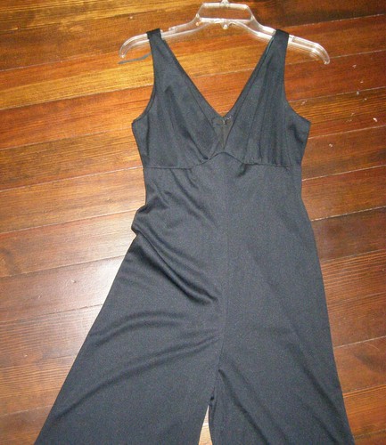 Vintage 70's black WIDELEG jumpsuit V-NECK tank style M L bias cut BOHO DISCO - Picture 2 of 11