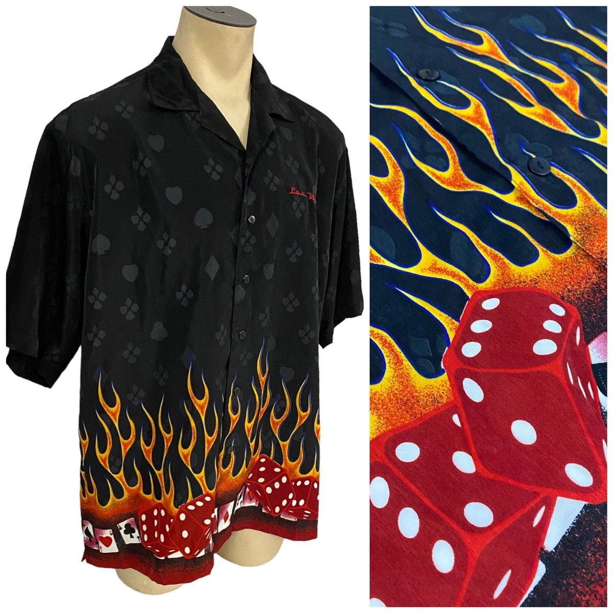 XNT Camp Shirt Mens XL Las Vegas Rave Flames Y2K Casual Casino