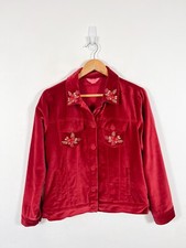 April Cornell Jacket Womens Medium Red Velvet Embroidered Floral Blazer Boho