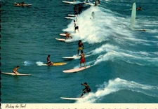 Surfers Riding the Surf chrome Postcard