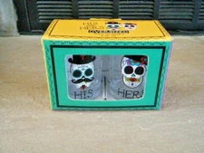 RARE SUGAR SKULLS DAY OF THE DEAD OVER SIZED SHOT GLASS GLASSES SET HIS & HERS