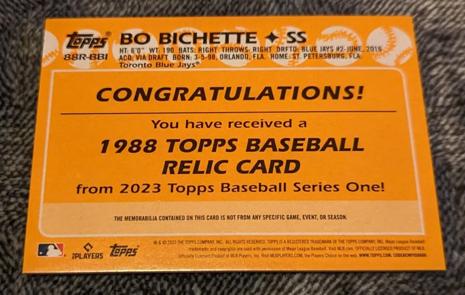 2023 Topps Series 1 MLB Bo Bichette 1988 Relic Materials Toronto Blue Jays - Image 2 of 2