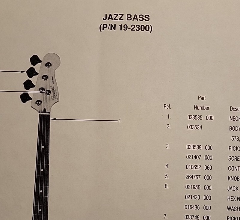 Parts List & Diagram FENDER Jazz Bass Electric Bass Guitar-P/N 19