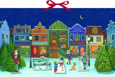 Festlicher Stadtplatz Adventskalender Stanzfiguren mit 3D-Effekt Illustration 