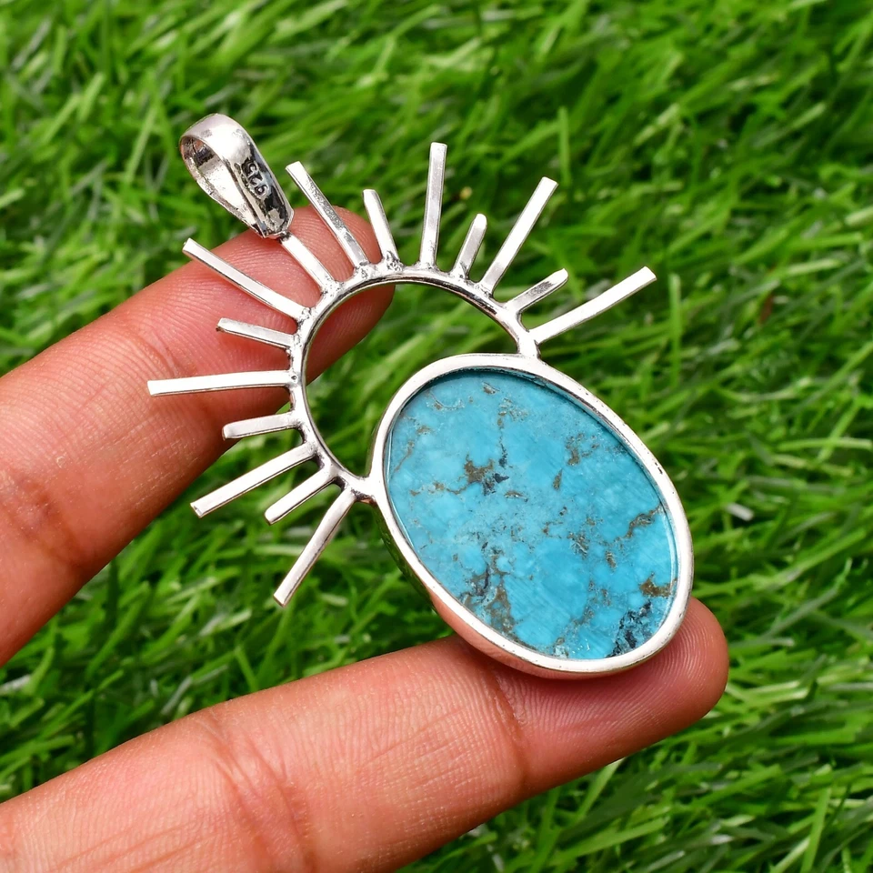 Ciondolo turchese pietra preziosa argento sterling 925 ciondolo gioiello fatt... - Immagine 4 di 4