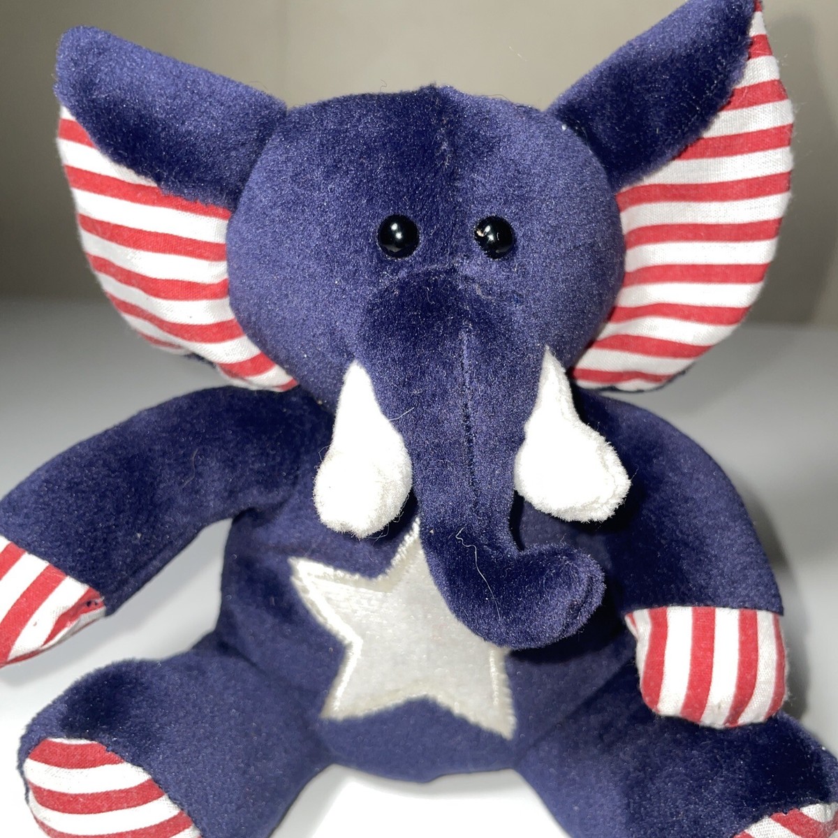 Vintage Dark Blue Elephant With Red And White Striped Ears