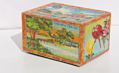 RARE vintage YING MEE TEA CO. decorated box HONG KONG gardens TEMPLE river BIRDS - Picture 2 of 8
