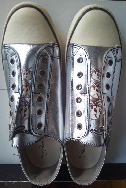 Size 13 Ed Hardy Silver Slip-On Shoes Original Box + Key Chain Brand New Unworn