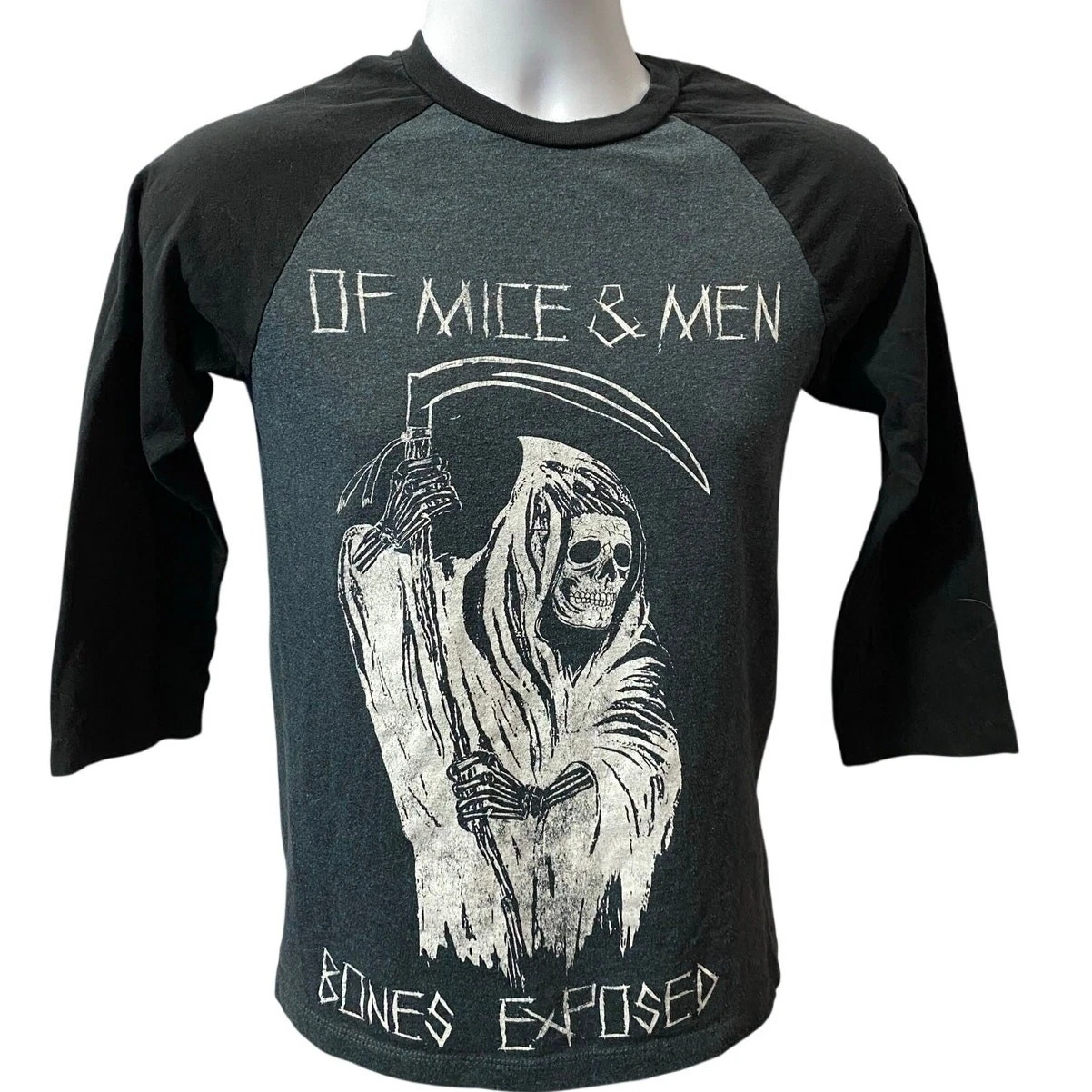 OF MICE & MEN SHIRT — Bones Exposed Grim Reaper 3/4 Sleeve Gray Black M