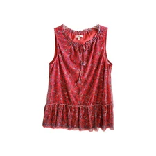 Red Max Studio Ruffle Boho Tunic Floral Mesh Tank Top Shirt  Front SMALL EUC