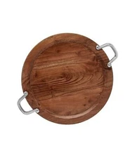 Paul Revere 14'' Round Acacia Wood Tray With Silver Handles