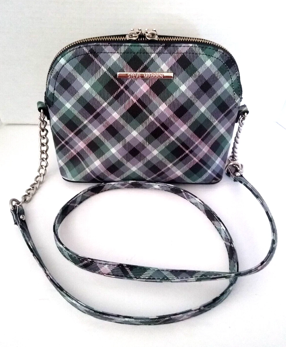 Steve Madden Maggie Plaid Print Dome Crossbody Purse Bag Green Black Purple