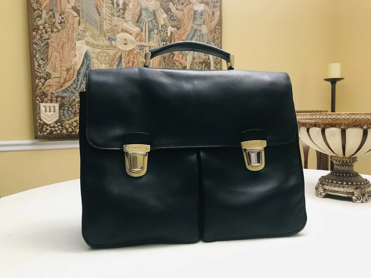 PRADA of MILANO Black Vitello Leather Briefcase / Lawyer - Doctor Bag -  ITALIA