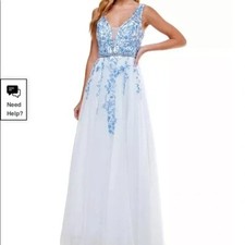 V-neck Embroidered White and Baby Blue Ball Gown size 5 