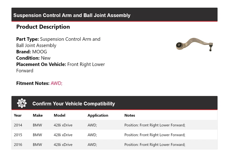 Brazo de control delantero derecho inferior delantero MOOG para BMW 428i xDrive 2014-2016 AWD Foto 2 de 4