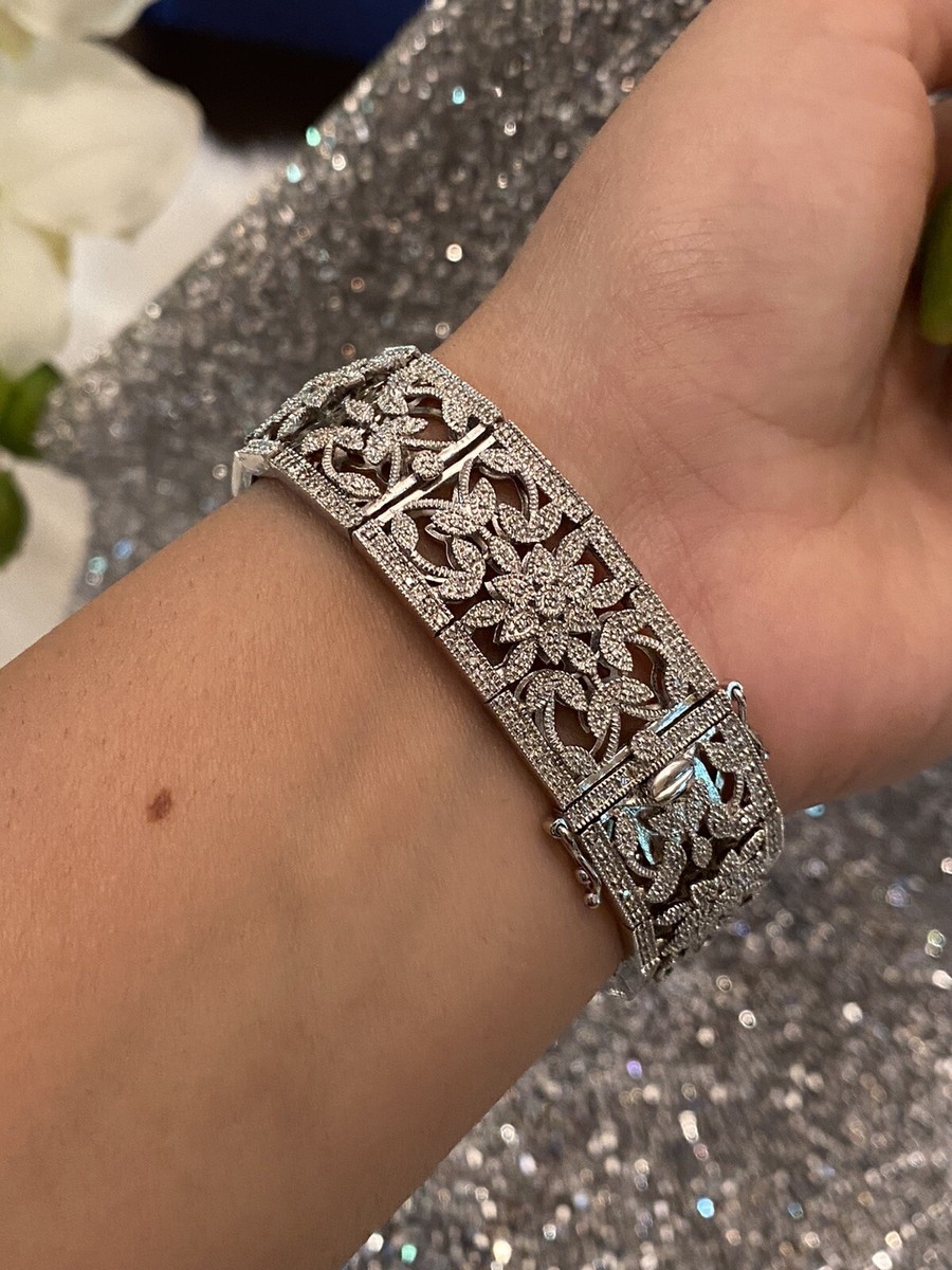 Vintage Sterling Silver 925 With Real Diamond Wide Tennis Bracelet