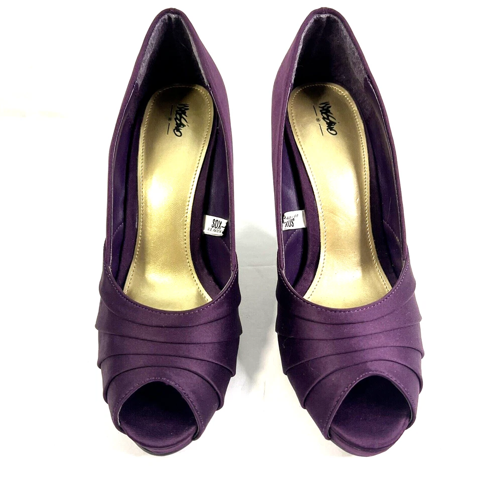 MOSSIMO Zapatos Tacones Mujer 5.5 Púrpura Satinado Punta Abierta 3" Tacón Boda Fiesta Evento Foto 4 de 4