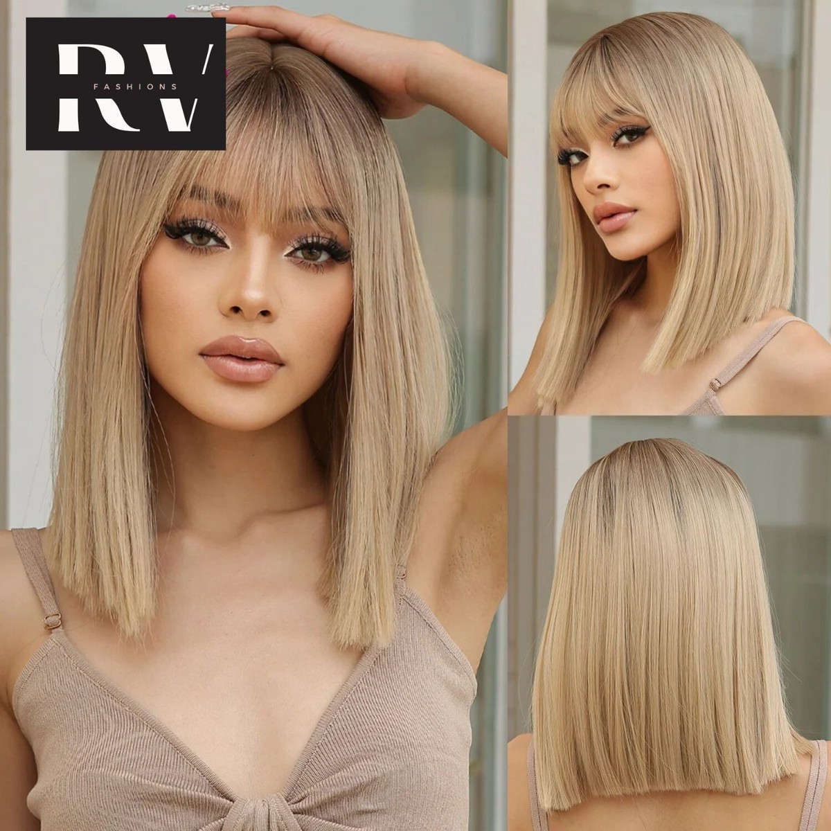 Blonde Blunt Cut Bangs Straight Wig Blonde Bob Wig With Bangs For Women on Luulla main image 4