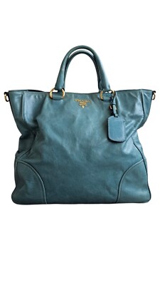 Prada Blue Convertible Vitello Leather Tote Bag