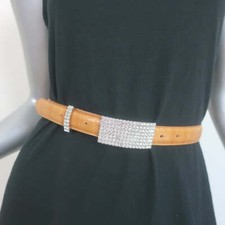 Alessandra Rich Crystal Buckle Eel Skin Belt Tan Size Small