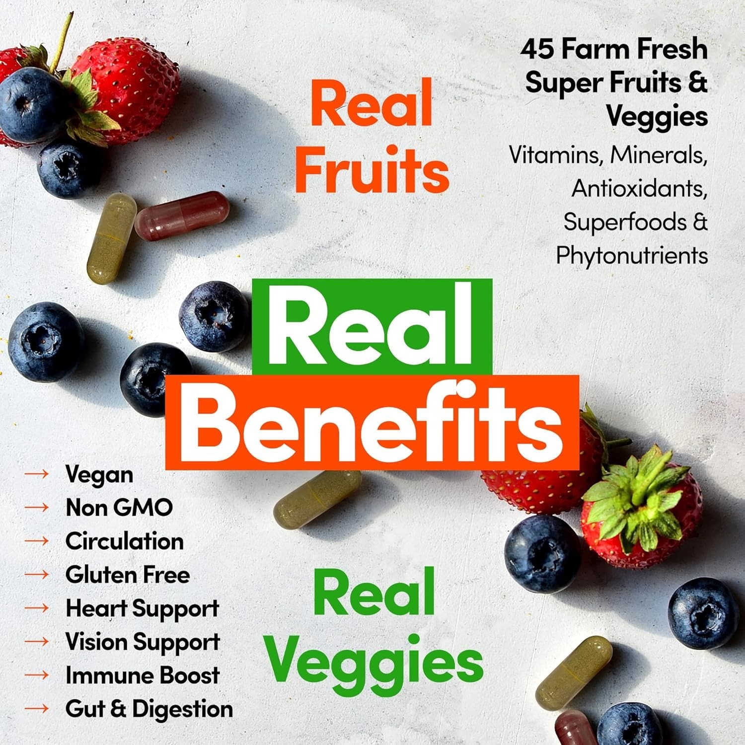 Fruits and Vegetables Supplement, 180 Fruit and 180 Veggie Capsules, Greens a...