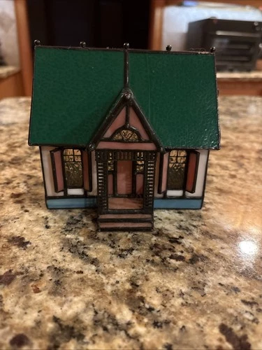 Vintage Tiffany Style Stained Glass House Lighted Lamp Accent Light- No Light