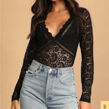 Lulus Black Floral Lace Long Sleeve V-Neck Bodysuit XL IBT15663L NWT