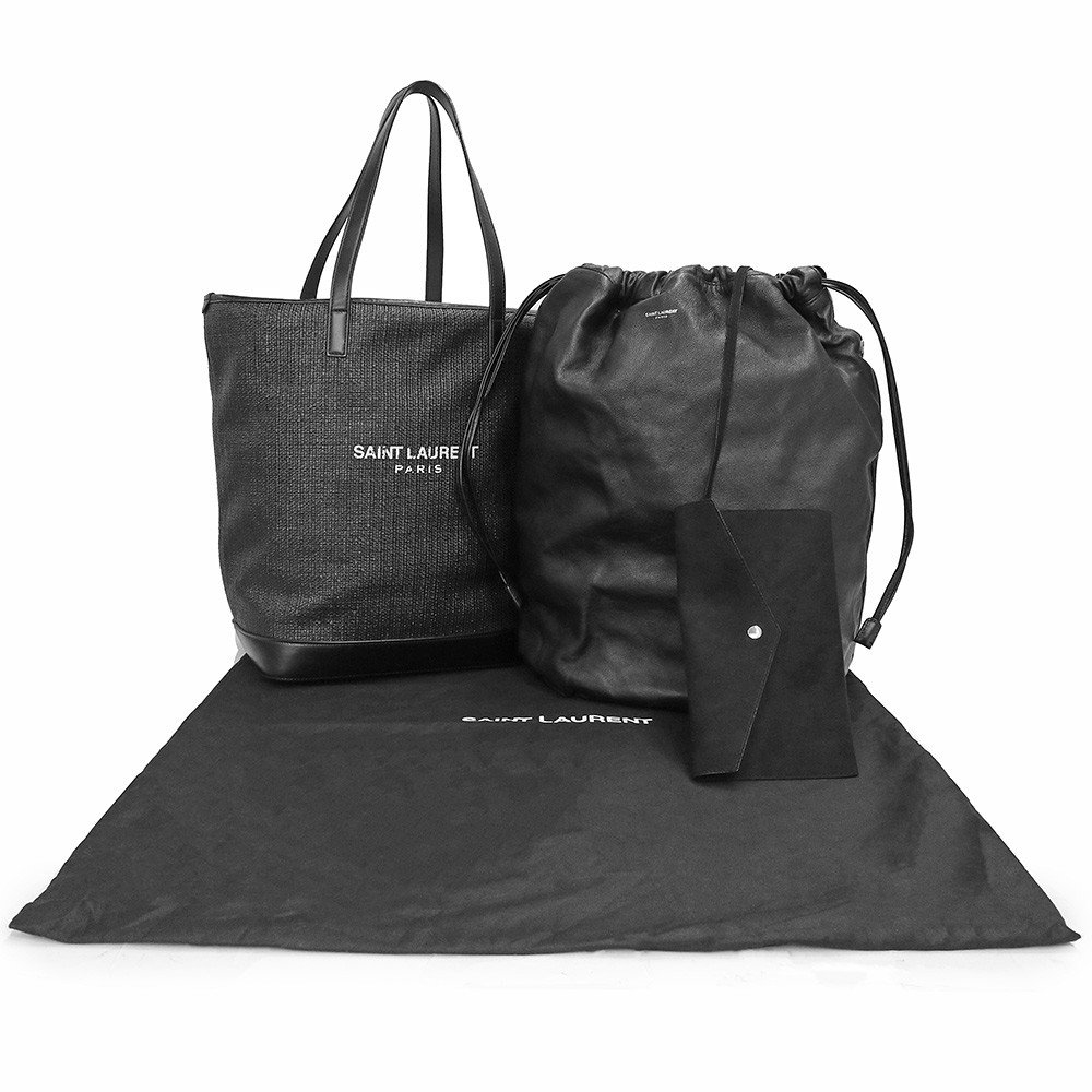 SAINT LAURENT PARIS TEDDY Borsa Tote Bag RAFIA e Pelle di Vitello Nero 551595