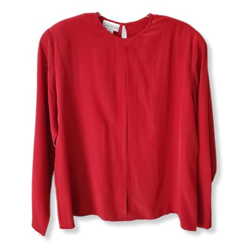 Women Vintage 80s Red Crepe Silk Blouse Top 12 Minimalist Holiday Career Fall , $22.46 - Photo 14