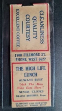 1920s The High Life Lunch San Francisco "Diamond Quality" Matchbook Matchcover
