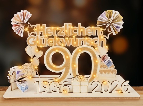 Geldgeschenke Geburtstag 90 Jahre Holz Schild GäStebuch Mit LED Lichterkette-image