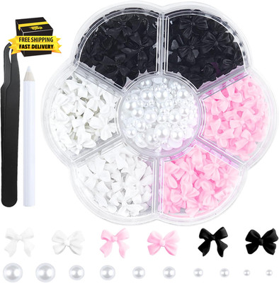 300Pcs 3D Bow Nail Charms and Flatback Pearls Set,Black White Pink Bowknot,Bow-K
