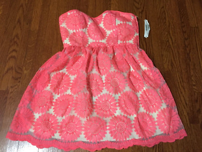 NWT Trixie women's strapless floral bright coral lace dress 7 padded lined party