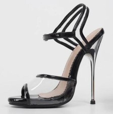 Womens Ankle Strap High Stiletto Metal Heel Buckle Clear Peep Toe Sandals Shoes